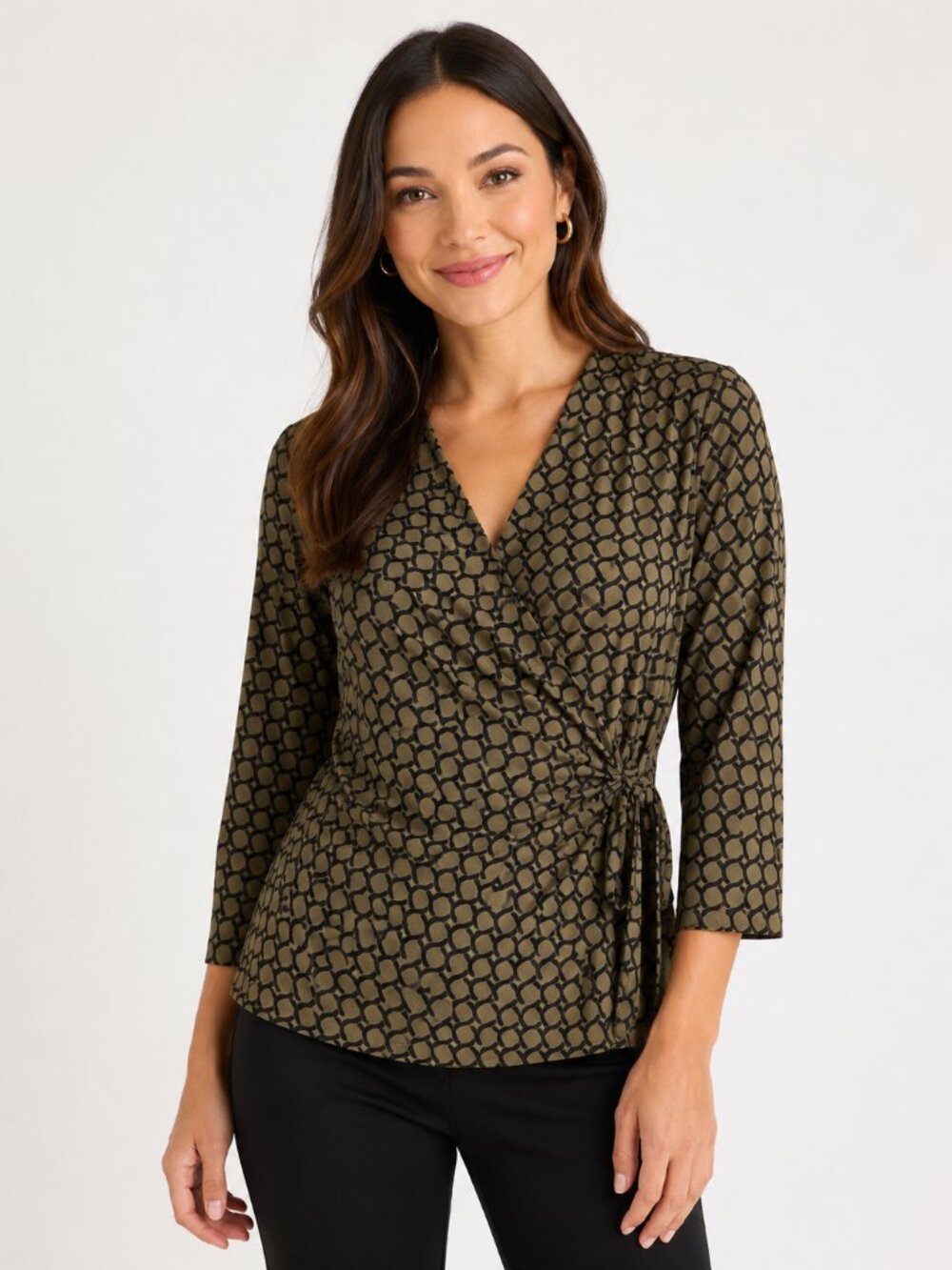 Anne Klein Geometric Print Faux Wrap Tie Waist Blouse Top 3/4 Sleeve